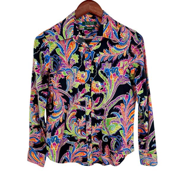Ralph Lauren Tops - Ralph Lauren Womens Sz Small No Iron Vibrant Black Tropical Blouse Shirt Top